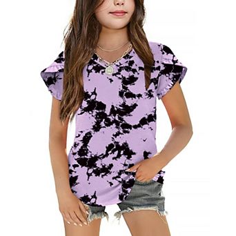 Arshiner Girls Tops Ruffle Sleeve T Shirts For Teen Girls V Neck Clothes For Short Sleeve