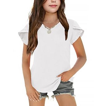 Arshiner Girls Tops Ruffle Sleeve T Shirts For Teen Girls V Neck Clothes For Short Sleeve