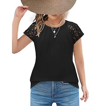 Arshiner Cute Tops For Girls Old Lace Sleeve Pleated Girls Fashion Shirts Casual Round