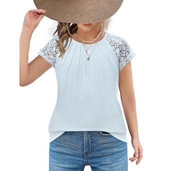 Arshiner Cute Tops For Girls Old Lace Sleeve Pleated Girls Fashion Shirts Casual Round