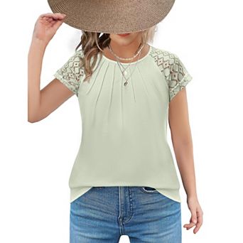 Arshiner Cute Tops For Girls Old Lace Sleeve Pleated Girls Fashion Shirts Casual Round