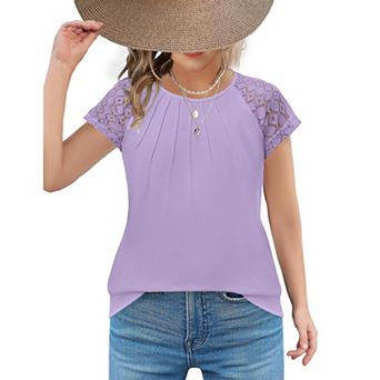 Arshiner Cute Tops For Girls Old Lace Sleeve Pleated Girls Fashion Shirts Casual Round