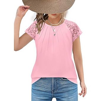 Arshiner Cute Tops For Girls Old Lace Sleeve Pleated Girls Fashion Shirts Casual Round