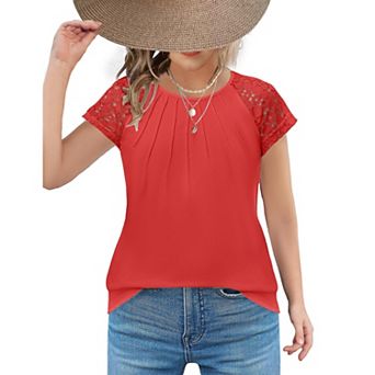 Arshiner Cute Tops For Girls Old Lace Sleeve Pleated Girls Fashion Shirts Casual Round