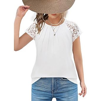 Arshiner Cute Tops For Girls Old Lace Sleeve Pleated Girls Fashion Shirts Casual Round