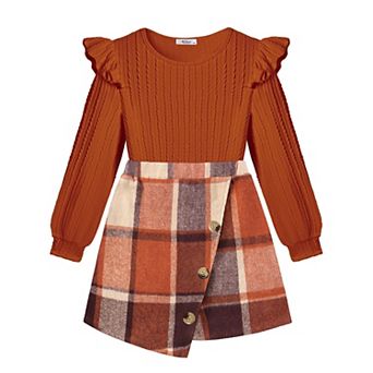 Arshiner Girls Skirt Outfits Ruffle Sleeve Shirt And Skirt Fall Clothing Set For Daily Wear