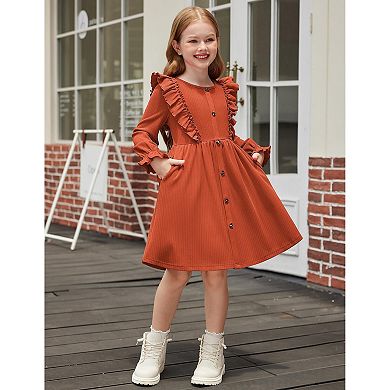 Arshiner Toddler Fall Winter Sweater Dress Ruffle Long Sleeve Ribbed Knit Button Down Casual