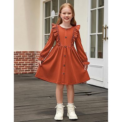 Arshiner Toddler Fall Winter Sweater Dress Ruffle Long Sleeve Ribbed Knit Button Down Casual
