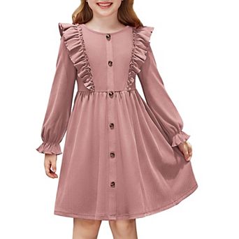 Arshiner Toddler Fall Winter Sweater Dress Ruffle Long Sleeve Ribbed Knit Button Down Casual