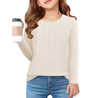 Arshiner Girls Long Sleeve Tops Dressy Pleated Round Neck Tunic Blouses Casual Loose Shirts