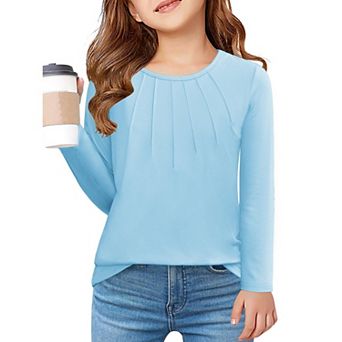 Arshiner Girls Long Sleeve Tops Dressy Pleated Round Neck Tunic Blouses Casual Loose Shirts