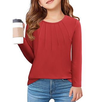 Arshiner Girls Long Sleeve Tops Dressy Pleated Round Neck Tunic Blouses Casual Loose Shirts