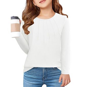 Arshiner Girls Long Sleeve Tops Dressy Pleated Round Neck Tunic Blouses Casual Loose Shirts