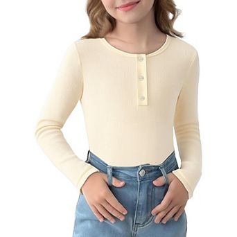 Arshiner Long Sleeve Shirts For Girls Ribbed Knit Henley Tops For Girl Round Neck Button