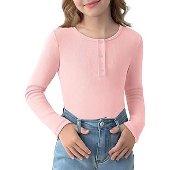 Arshiner Long Sleeve Shirts For Girls Ribbed Knit Henley Tops For Girl Round Neck Button