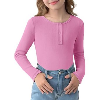 Arshiner Long Sleeve Shirts For Girls Ribbed Knit Henley Tops For Girl Round Neck Button