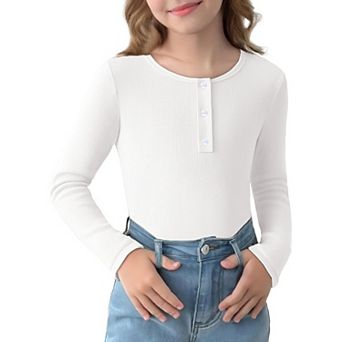 Arshiner Long Sleeve Shirts For Girls Ribbed Knit Henley Tops For Girl Round Neck Button