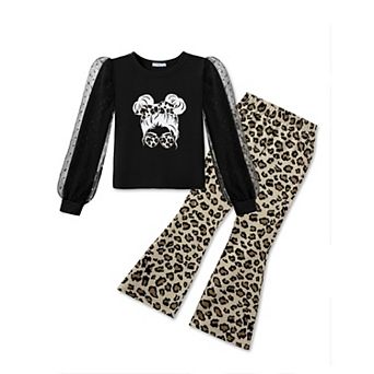 Arshiner Toddler Clothes Piece Fall Outfits Cute Knit Tulle Puff Sleeves Top And Leopard Flare