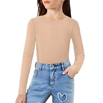 Arshiner Girls Long Sleeve Ribbed Knit Shirts Soft Slim Fit Crewneck Casual Base Layer Tops Tees