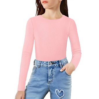 Arshiner Girls Long Sleeve Ribbed Knit Shirts Soft Slim Fit Crewneck Casual Base Layer Tops Tees