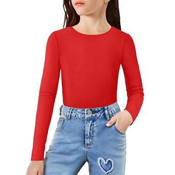 Arshiner Girls Long Sleeve Ribbed Knit Shirts Soft Slim Fit Crewneck Casual Base Layer Tops Tees
