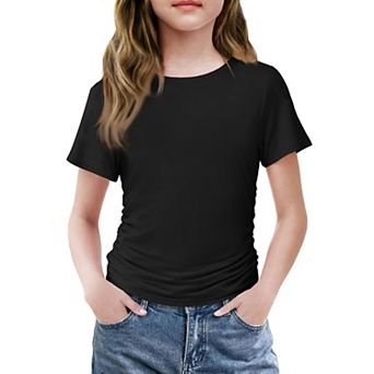 Arshiner Short Sleeve Shirts For Teen Girls Side Ruched Round Neck Casual Blouses Tops