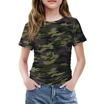 Arshiner Short Sleeve Shirts For Teen Girls Side Ruched Round Neck Casual Blouses Tops