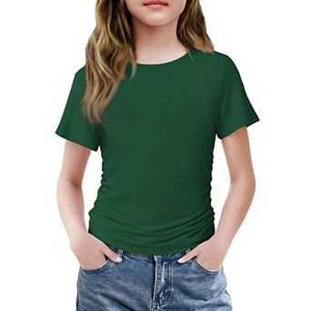 Arshiner Short Sleeve Shirts For Teen Girls Side Ruched Round Neck Casual Blouses Tops