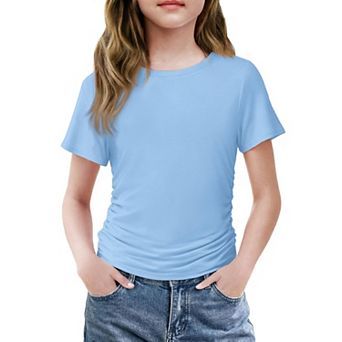 Arshiner Short Sleeve Shirts For Teen Girls Side Ruched Round Neck Casual Blouses Tops