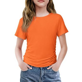 Arshiner Short Sleeve Shirts For Teen Girls Side Ruched Round Neck Casual Blouses Tops