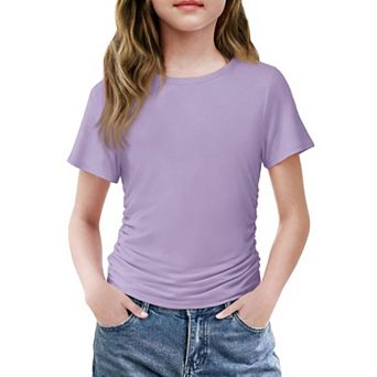 Arshiner Short Sleeve Shirts For Teen Girls Side Ruched Round Neck Casual Blouses Tops