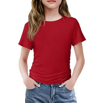 Arshiner Short Sleeve Shirts For Teen Girls Side Ruched Round Neck Casual Blouses Tops