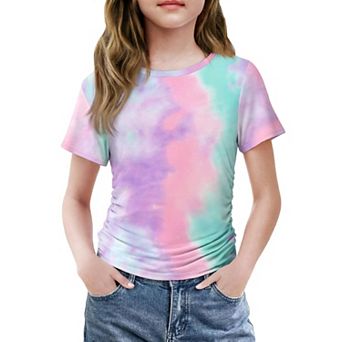 Arshiner Short Sleeve Shirts For Teen Girls Side Ruched Round Neck Casual Blouses Tops