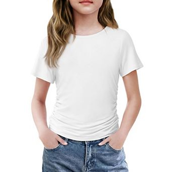 Arshiner Short Sleeve Shirts For Teen Girls Side Ruched Round Neck Casual Blouses Tops