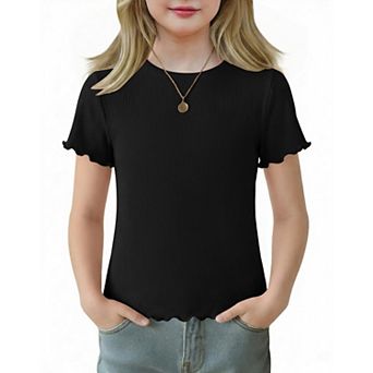 Arshiner Girls Lettuce Trim Short Sleeve Shirts Summer Ribbed Knit Crewneck Casual T Shirt