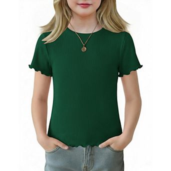 Arshiner Girls Lettuce Trim Short Sleeve Shirts Summer Ribbed Knit Crewneck Casual T Shirt