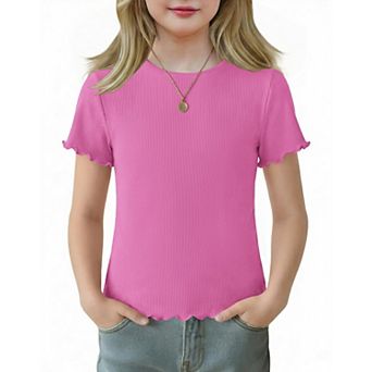 Arshiner Girls Lettuce Trim Short Sleeve Shirts Summer Ribbed Knit Crewneck Casual T Shirt