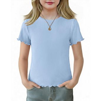 Arshiner Girls Lettuce Trim Short Sleeve Shirts Summer Ribbed Knit Crewneck Casual T Shirt