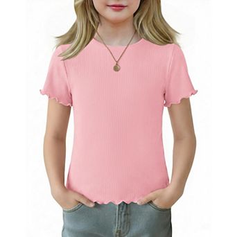 Arshiner Girls Lettuce Trim Short Sleeve Shirts Summer Ribbed Knit Crewneck Casual T Shirt