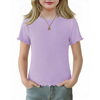 Arshiner Girls Lettuce Trim Short Sleeve Shirts Summer Ribbed Knit Crewneck Casual T Shirt