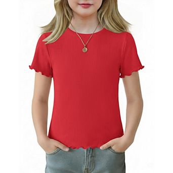Arshiner Girls Lettuce Trim Short Sleeve Shirts Summer Ribbed Knit Crewneck Casual T Shirt