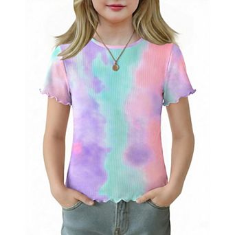 Arshiner Girls Lettuce Trim Short Sleeve Shirts Summer Ribbed Knit Crewneck Casual T Shirt