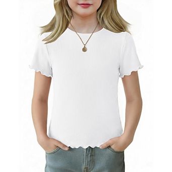 Arshiner Girls Lettuce Trim Short Sleeve Shirts Summer Ribbed Knit Crewneck Casual T Shirt