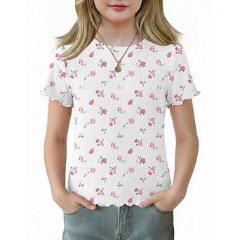 Arshiner Girls Lettuce Trim Short Sleeve Shirts Summer Ribbed Knit Crewneck Casual T Shirt