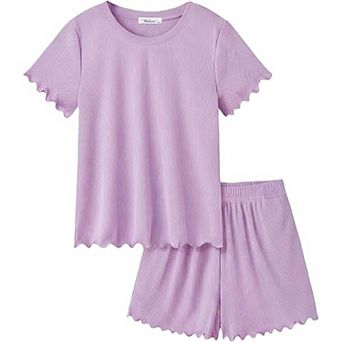 Arshiner Girls Shorts Set Ribbed Knit Summer Outfit Short Sleeve Top Elastic Waist Shorts