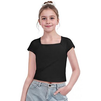 Arshiner Kids T Shirts Teen Girl Trendy Short Sleeve Crop Tops For Kids Girls Square Neck