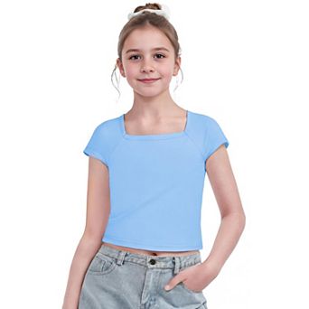 Arshiner Kids T Shirts Teen Girl Trendy Short Sleeve Crop Tops For Kids Girls Square Neck