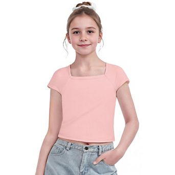 Arshiner Kids T Shirts Teen Girl Trendy Short Sleeve Crop Tops For Kids Girls Square Neck