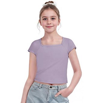 Arshiner Kids T Shirts Teen Girl Trendy Short Sleeve Crop Tops For Kids Girls Square Neck