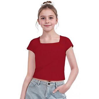 Arshiner Kids T Shirts Teen Girl Trendy Short Sleeve Crop Tops For Kids Girls Square Neck
